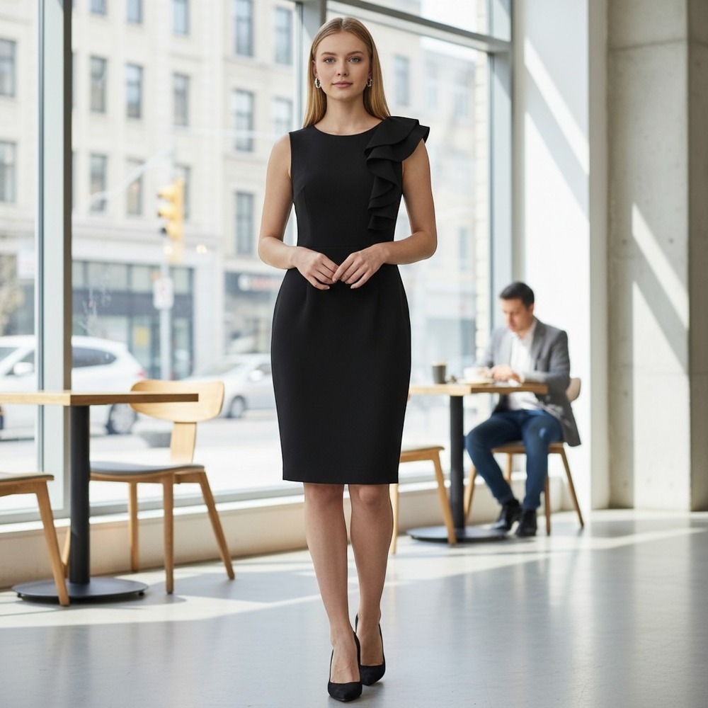 Calvin Klein Ruffle Shoulder Sheath Dress Black Size 8 Sleeveless Cocktail Work